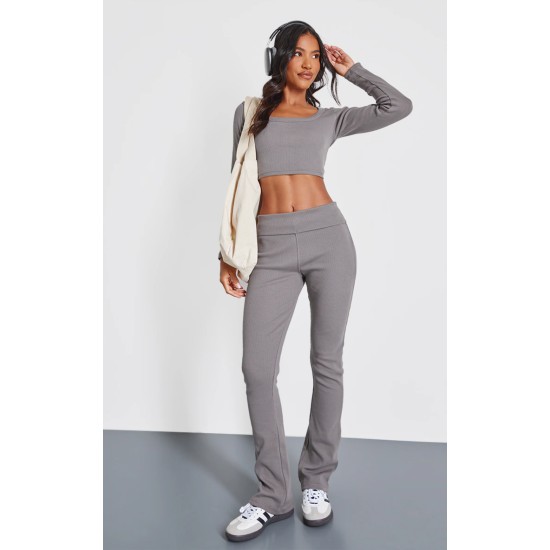 Charcoal Rib Fold Over Waist Flared Pants Charcoal Rib Fold Over Waist Flared Pants