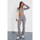 Charcoal Rib Fold Over Waist Flared Pants Charcoal Rib Fold Over Waist Flared Pants