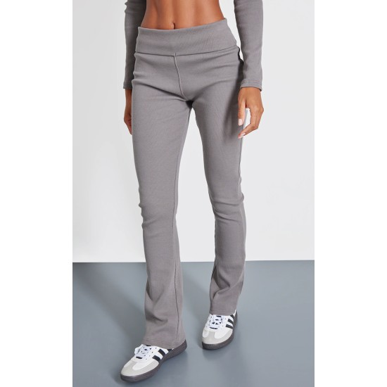 Charcoal Rib Fold Over Waist Flared Pants Charcoal Rib Fold Over Waist Flared Pants