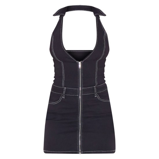 Black Contrast Stitch Halterneck Denim Mini Dress Black Contrast Stitch Halterneck Denim Mini Dress