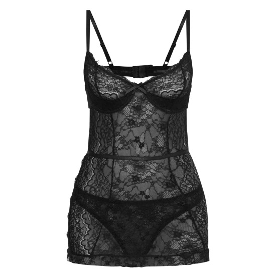 Black Lace Underwired Slip Dress Lingerie Set Black Lace Underwired Slip Dress Lingerie Set