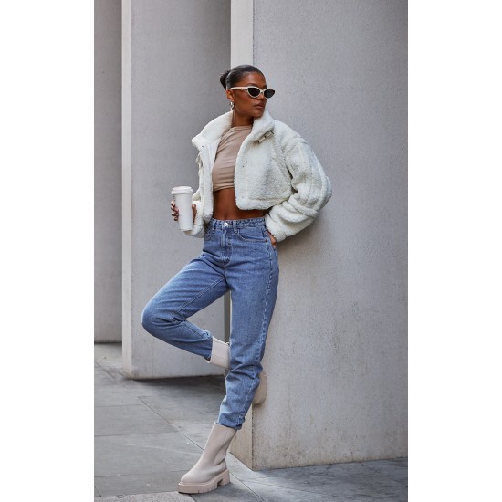Cream Buckle Collar Borg Aviator Jacket Cream Buckle Collar Borg Aviator Jacket