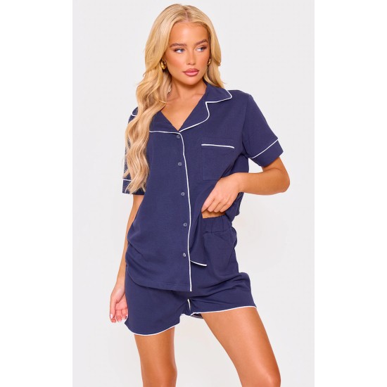 Navy Jersey Piping Detail Short PJ Set Navy Jersey Piping Detail Short PJ Set
