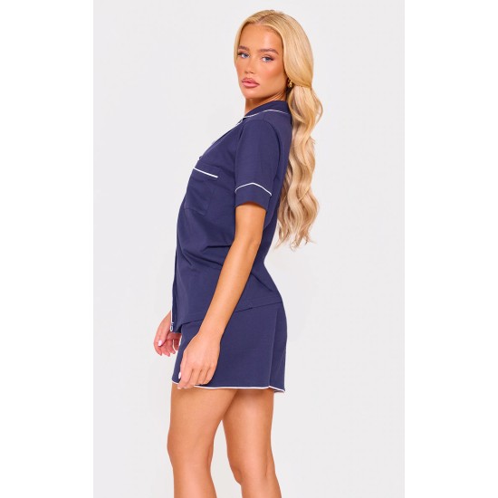 Navy Jersey Piping Detail Short PJ Set Navy Jersey Piping Detail Short PJ Set