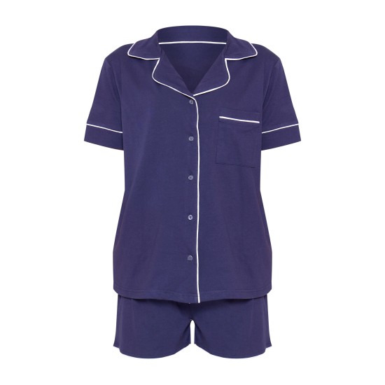 Navy Jersey Piping Detail Short PJ Set Navy Jersey Piping Detail Short PJ Set